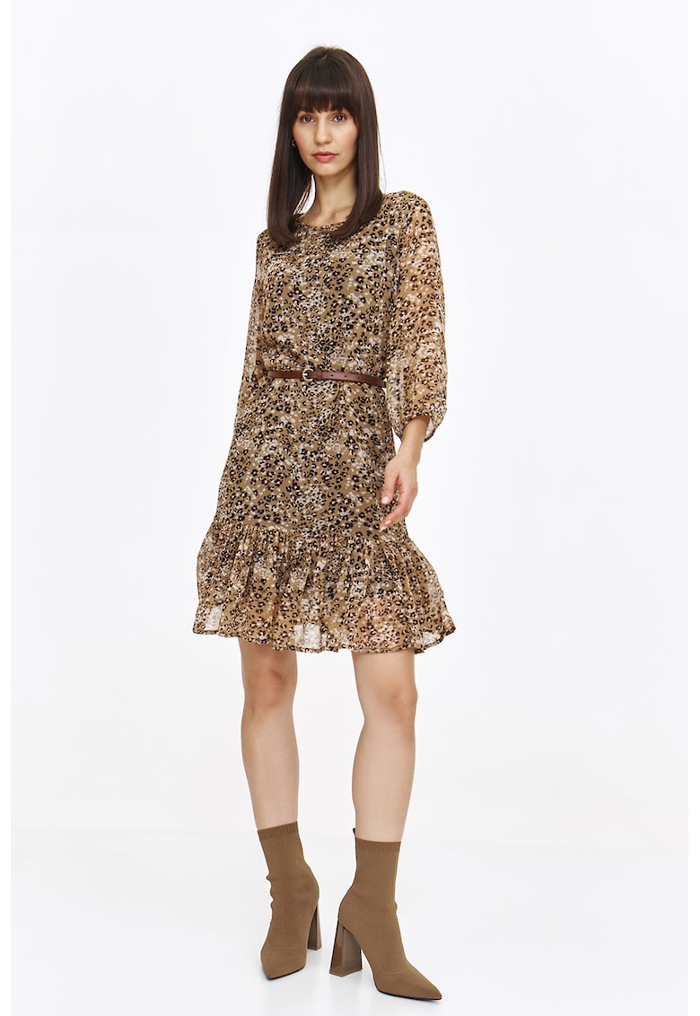 Rochie cu animal print si maneci medii - Negru/Maro deschis/Alb murdar