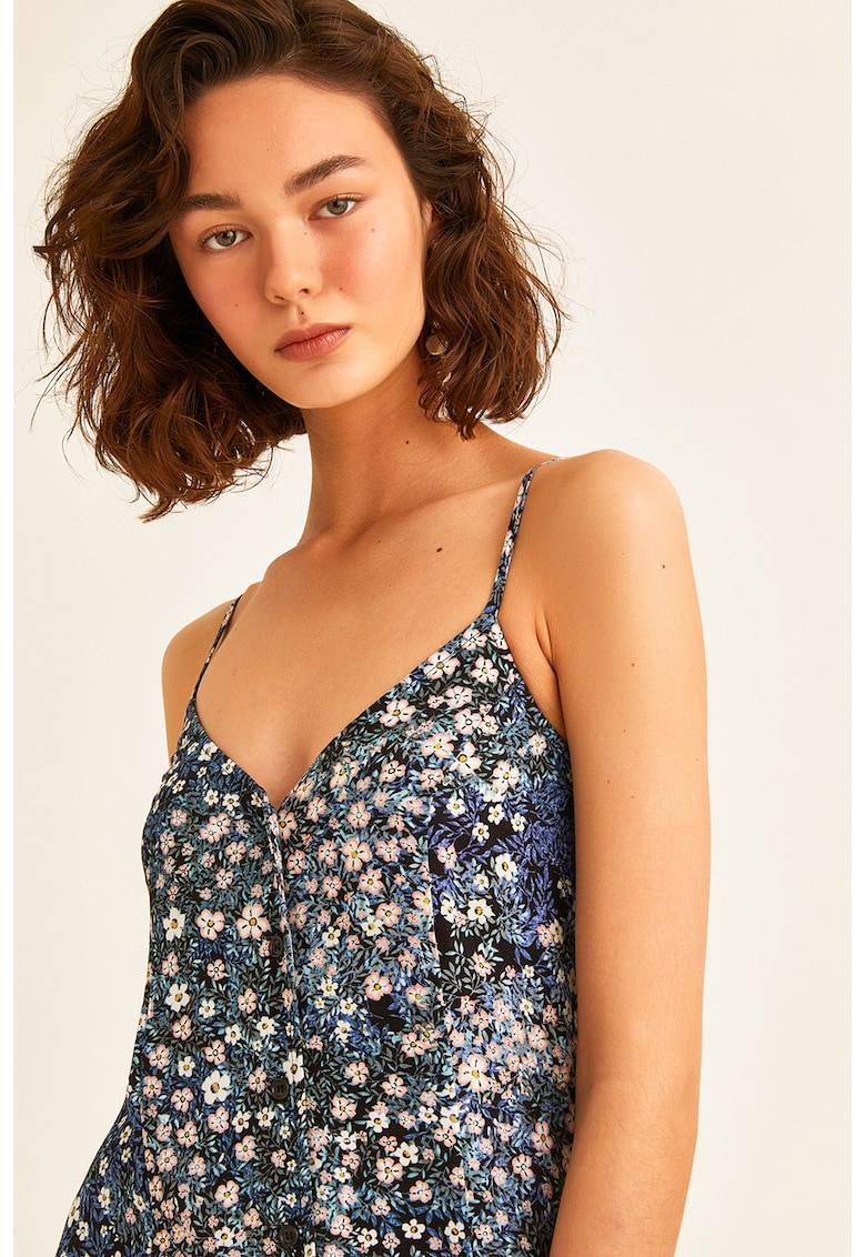 Rochie cu decolteu in V si model floral - Alb/Bleumarin