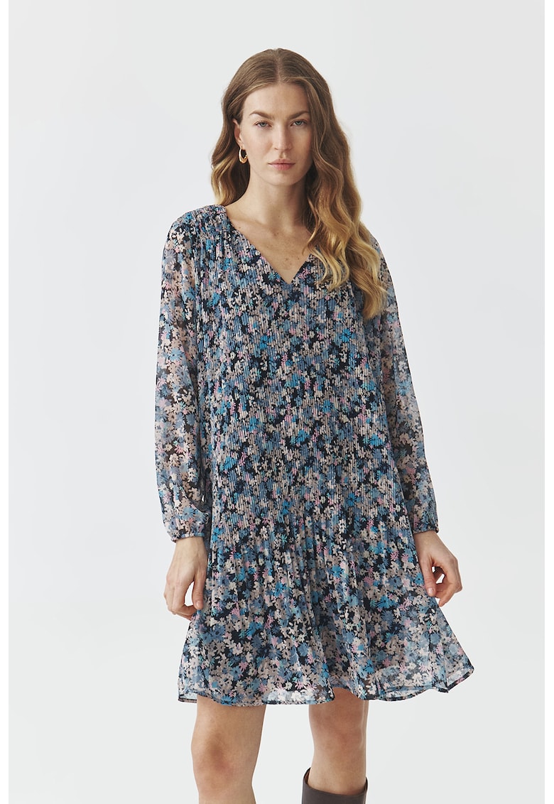 Rochie cu decolteu in V si model floral - Roz/Bleumarin