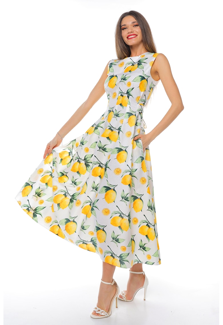 Rochie cu decolteu la baza gatului si buzunare laterale - Alb/Verde/Galben