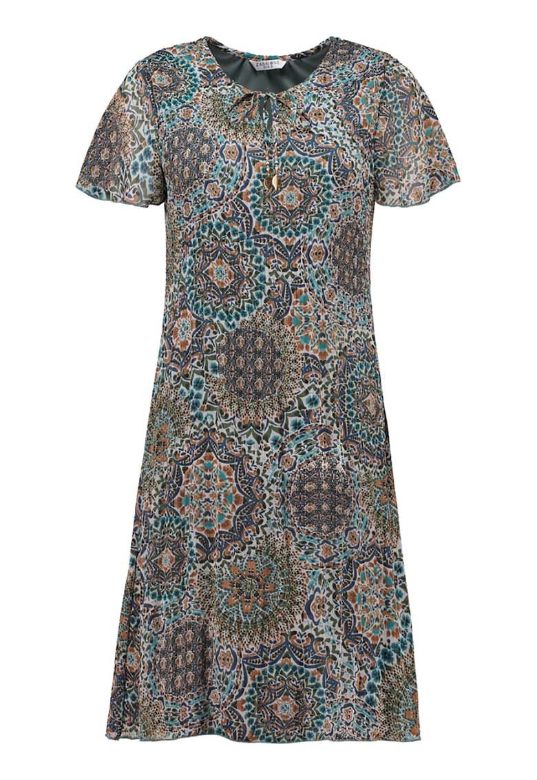 Rochie cu imprimeu si croiala A - Portocaliu stins/Albastru petrol/Verde feriga
