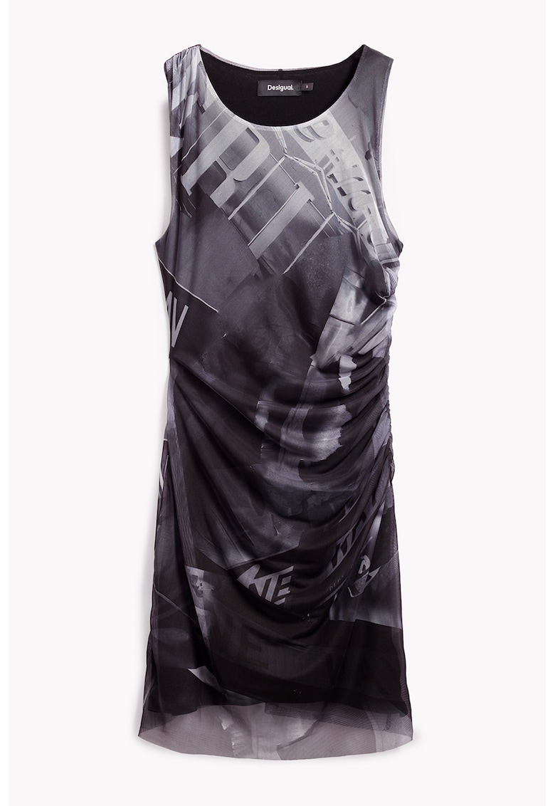Rochie cu imprimeu si strat exterior din plasa - Alb/Gri antracit