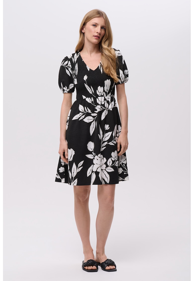 Rochie cu model floral si maneci bufante - Alb/Negru