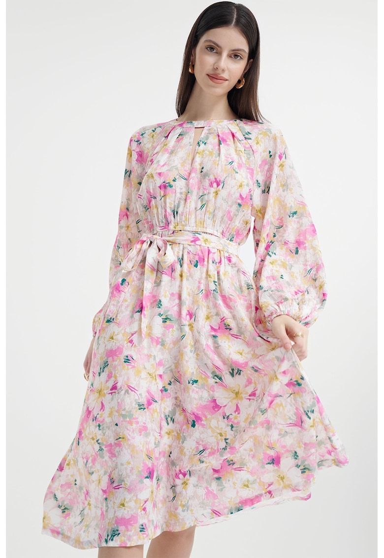 Rochie cu model floral si maneci lungi - Alb/Galben/Roz