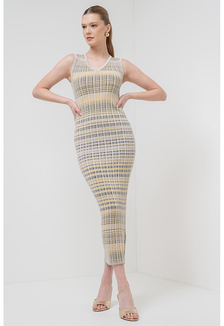 Rochie cu model in dungi si decolteu in V Enziana - Negru/Galben/Crem