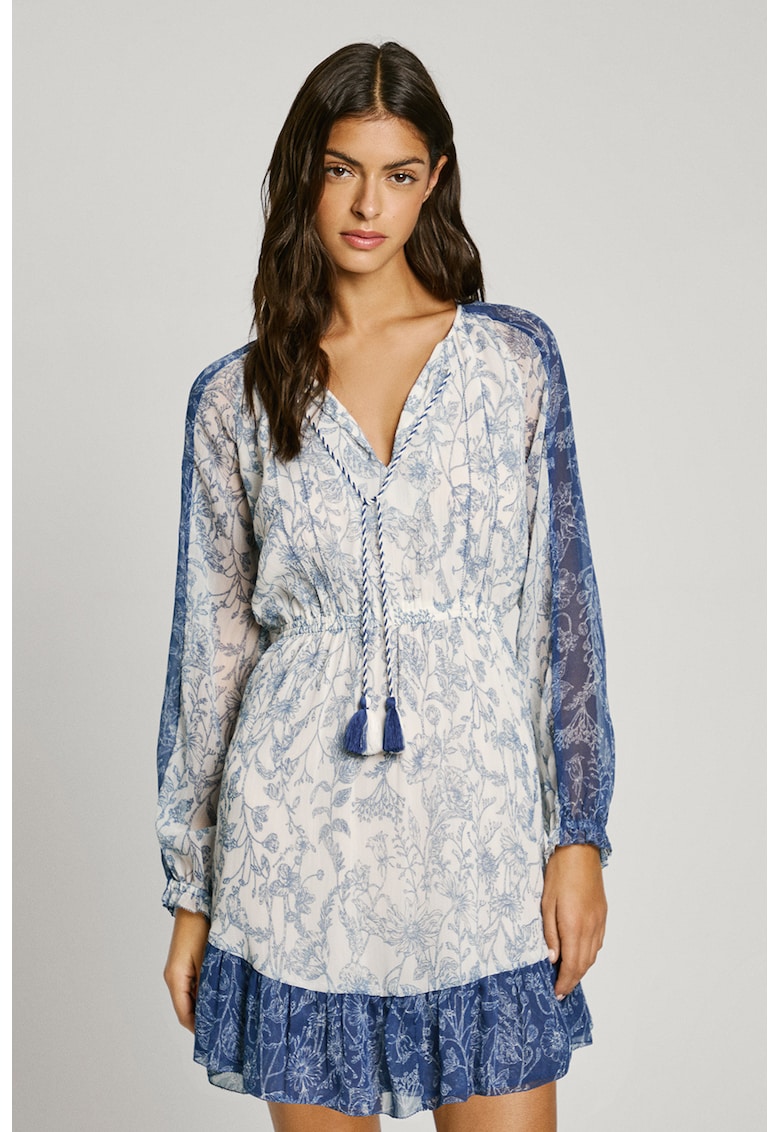Rochie cu model si decolteu in V - Alb fildes/Bleumarin