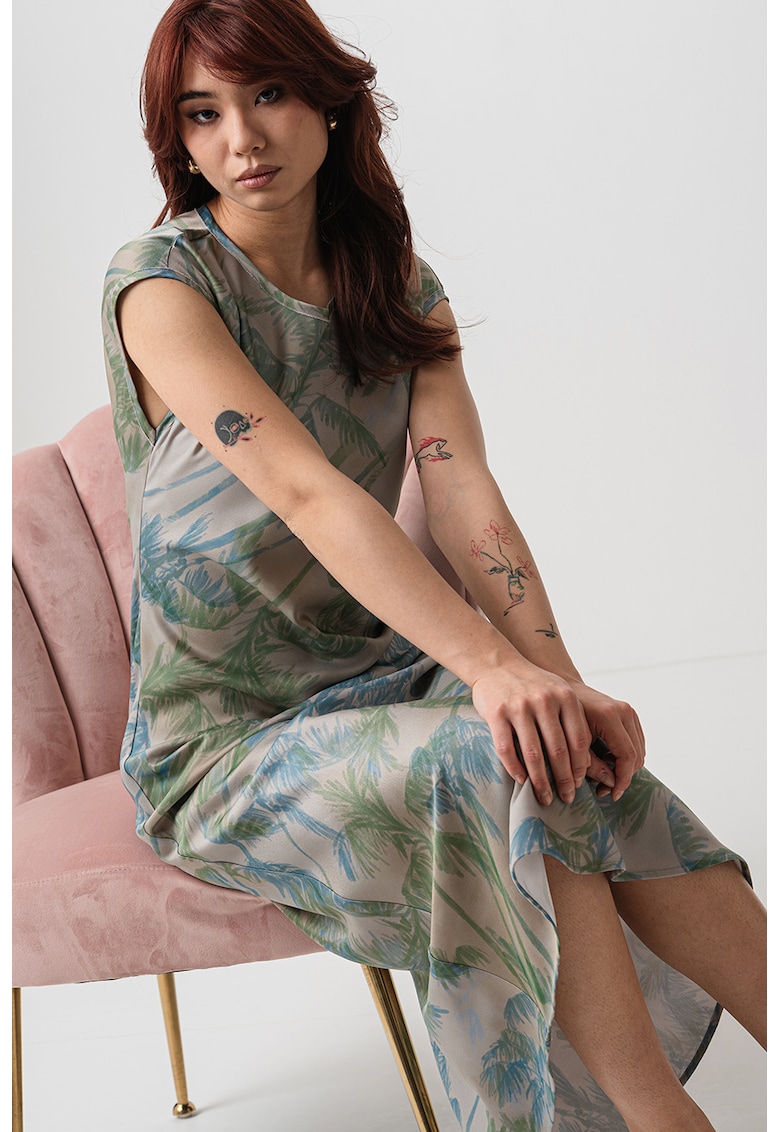 Rochie cu model si decolteu rotund - Albastru azur/Verde sparanghel