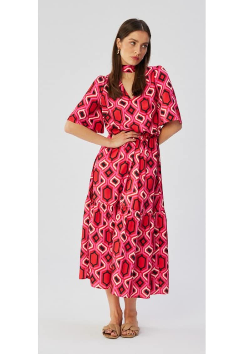 Rochie dama - cu guler inalt si cravata in talie - Poliester - Albastru - Multicolor