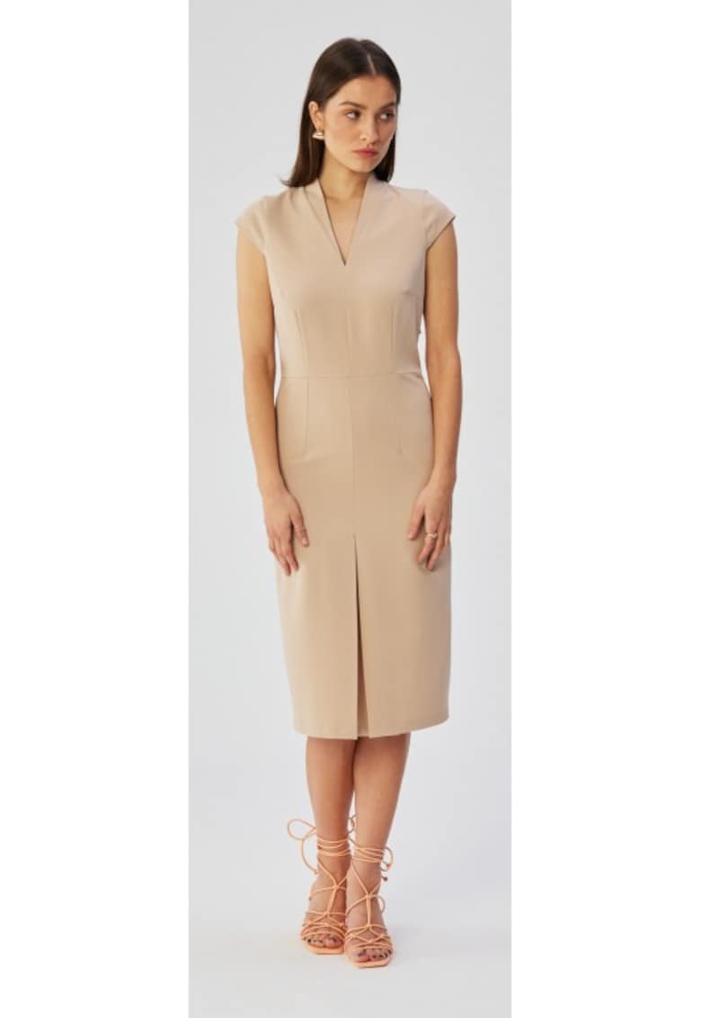 Rochie dama - evazata fara maneci - Poliester - Rosu - Bej