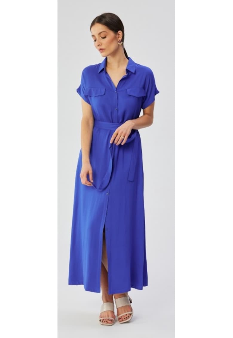 Rochie dama - maxi cu maneci scurte si maneci deschise - Poliester - Rosu - Albastru