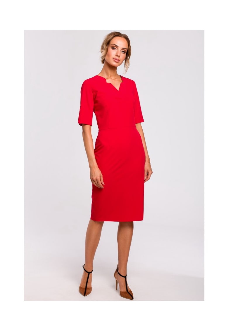 Rochie de dama - Cu maneca - Poliester - Viscoza - Bej1`2 - Rosu