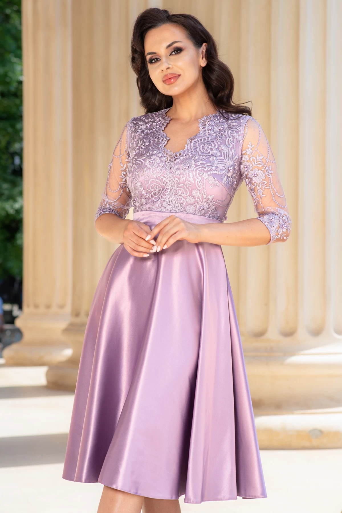 Rochie de ocazie midi lila Lucrezia din tafta cu broderie