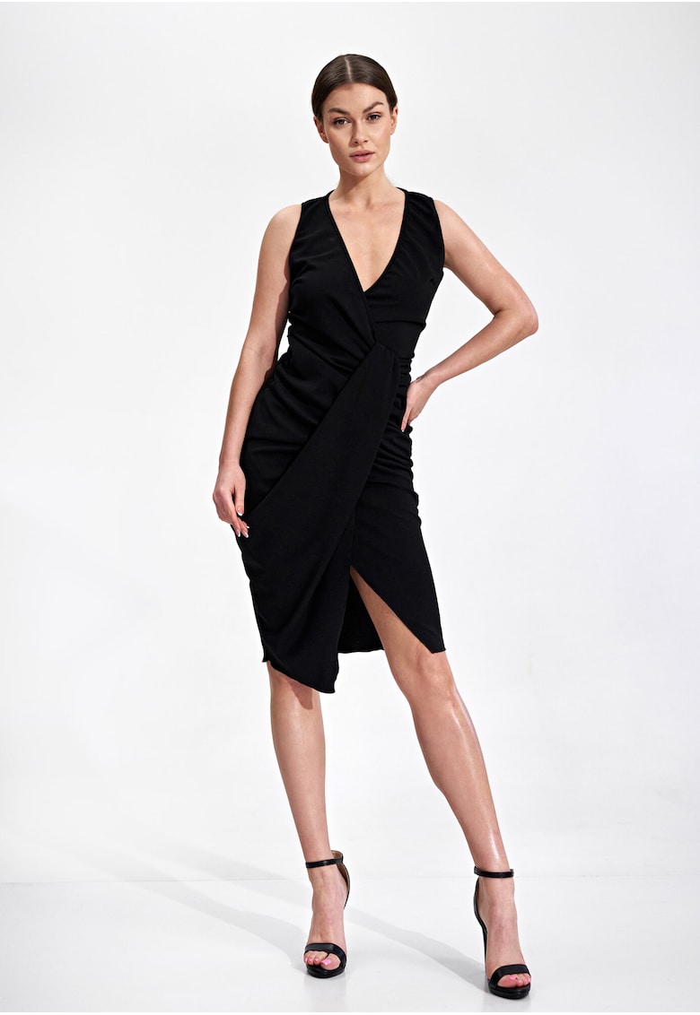 Rochie de seara asimetrica  M858 - cu volane - neagra - poliester-elastan