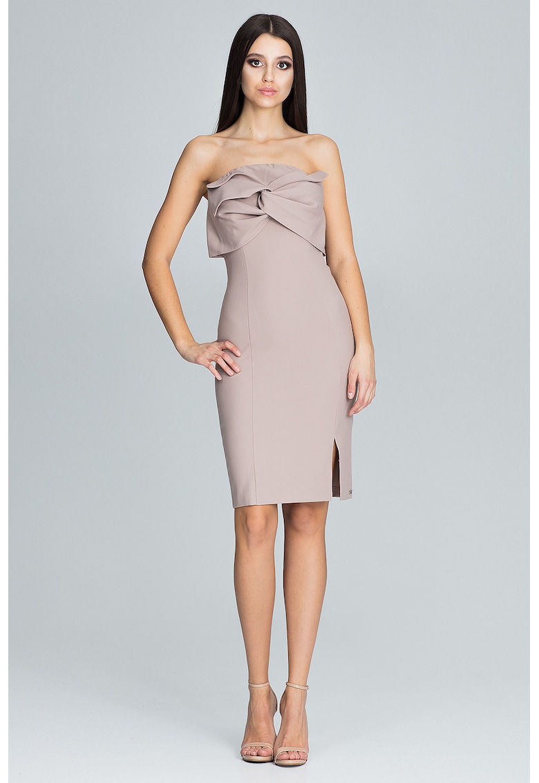 Rochie de seara eleganta - fara bretele - bej - cu fundita - poliester