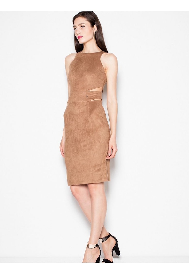 Rochie de seara maro - imitatie piele de caprioara - decupaje talie - elastan 5%