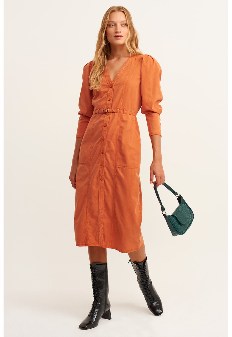 Rochie din amestec de lyocell cu maneci bufante - Portocaliu mandarina