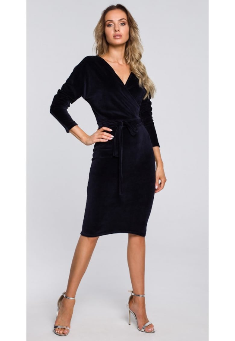 Rochie din catifea cu partea de sus invelita si curea - negru - Albastru