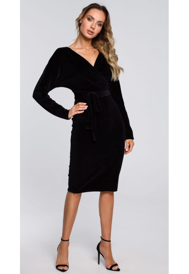 Rochie din catifea cu partea de sus invelita si curea - negru - Negru
