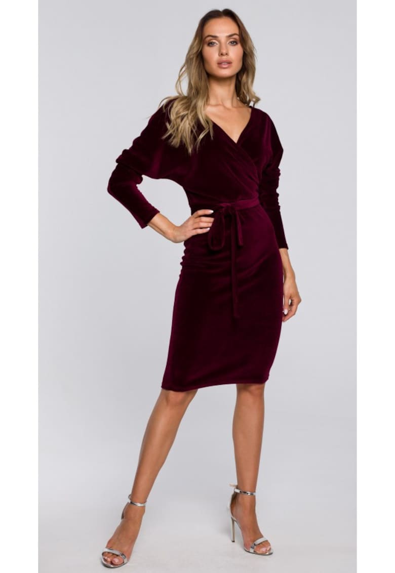 Rochie din catifea cu partea de sus invelita si curea - negru - Visiniu