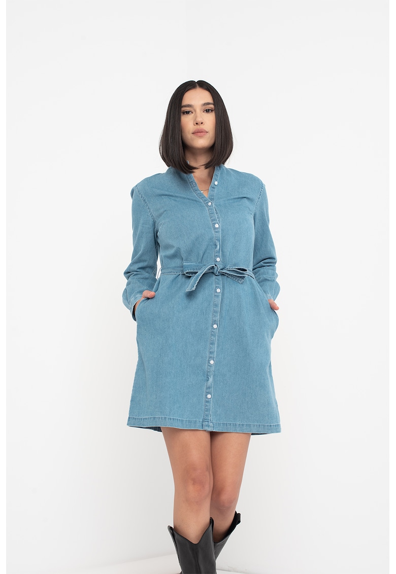 Rochie din material chambray cu cordon in talie - Albastru deschis