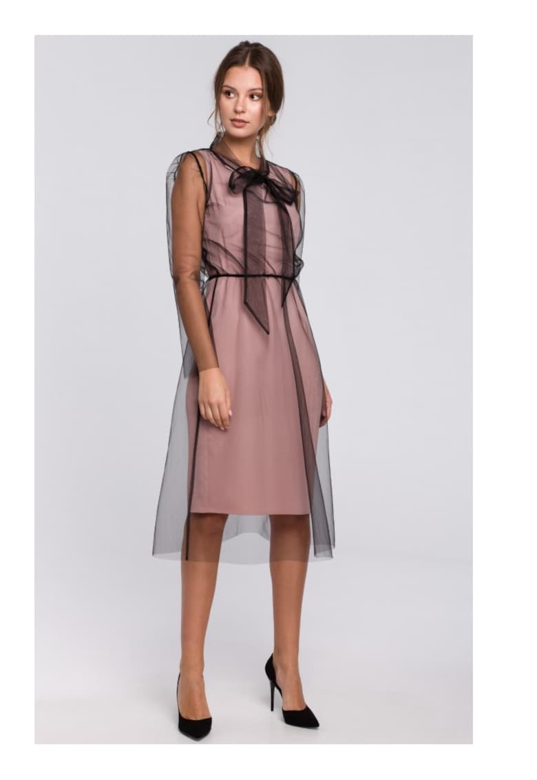Rochie din tul cu cravata la gat - Roz