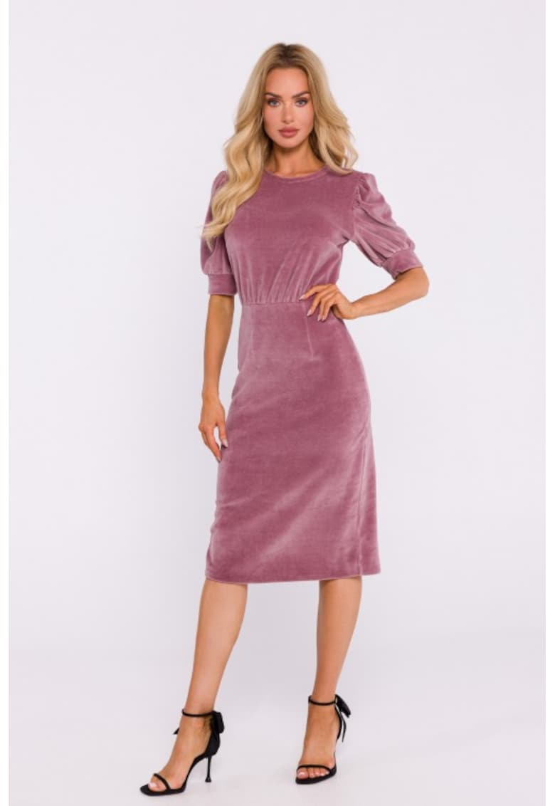 Rochie din velur cu maneci scurte - Roz pal