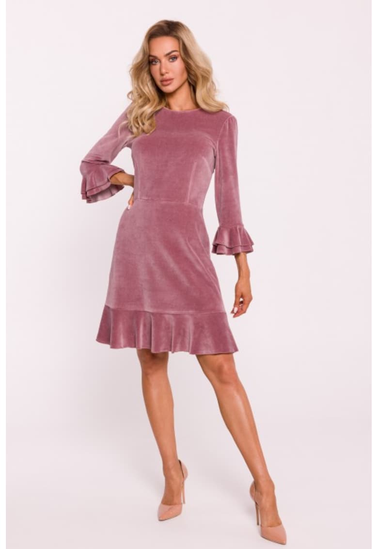 Rochie din velur cu volane - Roz pal