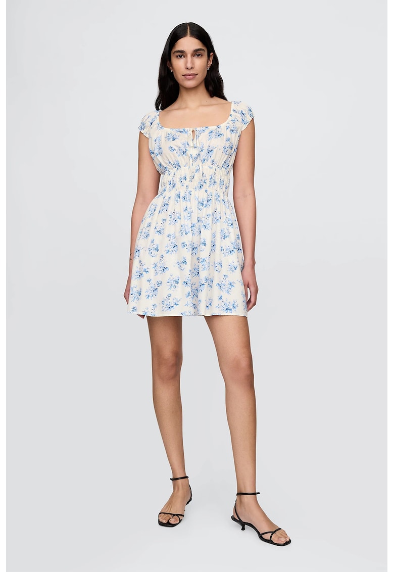 Rochie evazata cu imprimeu floral - Alb fildes/Albastru deschis