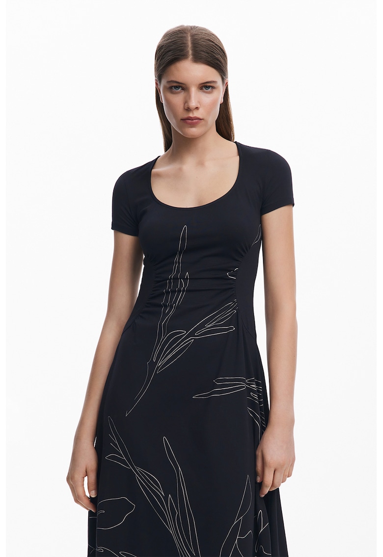 Rochie evazata din amestec de bumbac cu decolteu rotund - Alb/Negru