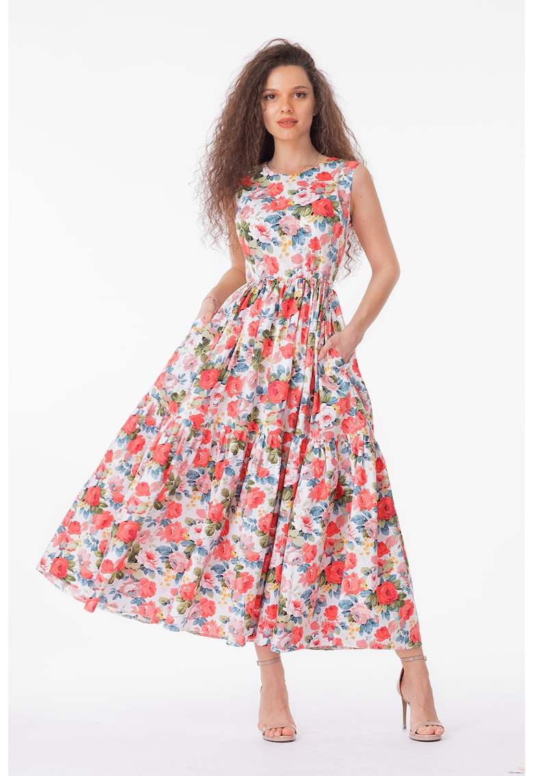 Rochie evazata fara maneci cu buzunare laterale - Alb/Coral/Albastru prafuit