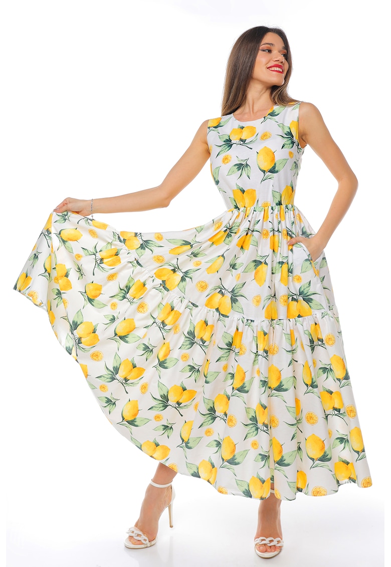 Rochie evazata fara maneci cu buzunare laterale - Alb/Verde/Galben