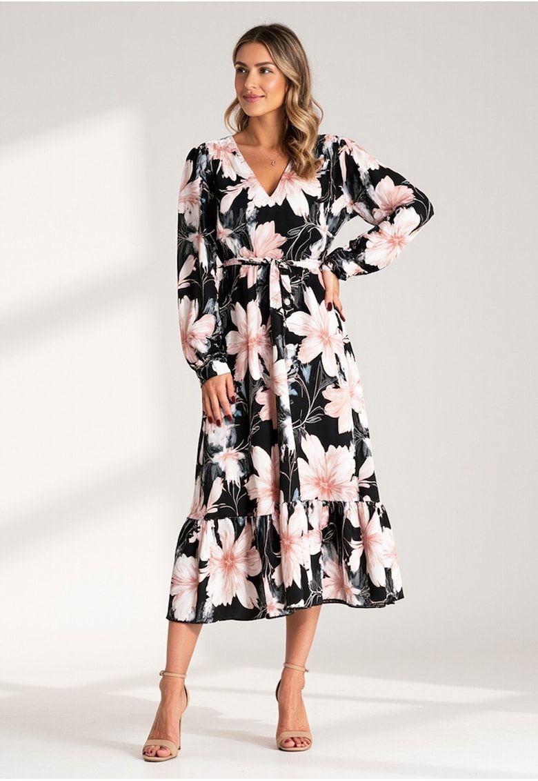 Rochie florala cu volane -  neagra - 100% poliester -