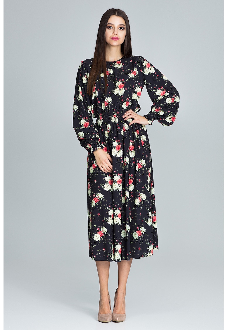 Rochie lunga M600 - florala - neagra - din poliester - cu maneci lungi -