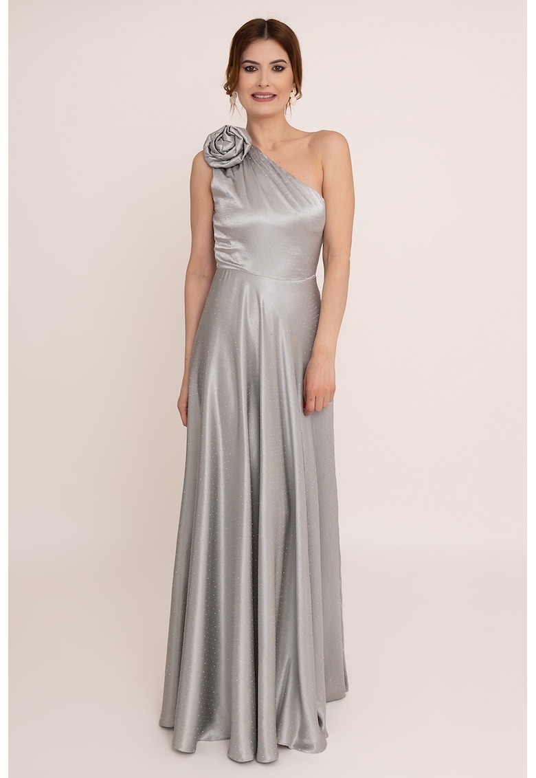 Rochie lunga cu decolteu pe un umar Charm - Gri deschis