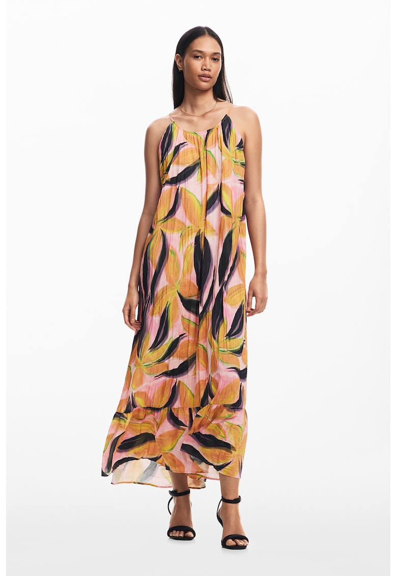 Rochie lunga cu model floral - Negru/Portocaliu/Roz