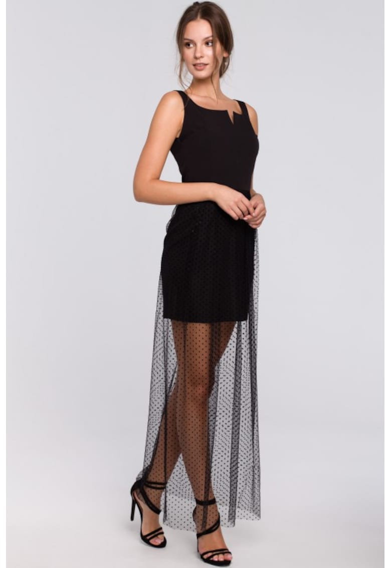 Rochie lunga cu tiv cu buline - - Negru