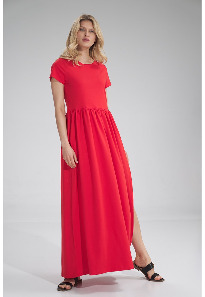 Rochie lunga rosie - bumbac - cu fanta