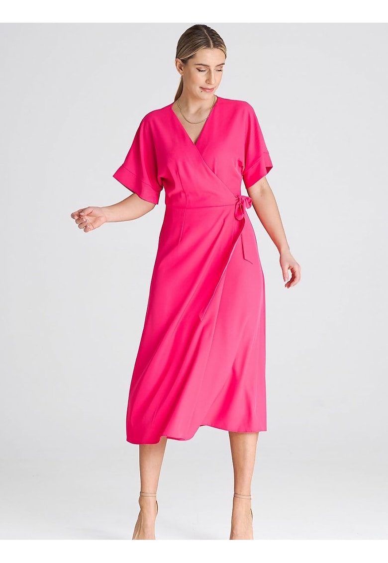 Rochie maneci kimono - cravata in talie - poliester - roz - poliester