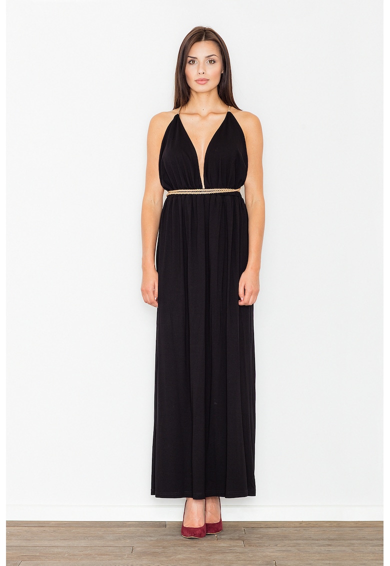 Rochie maxi - M483 - decolteu in V - spate deschis - neagra - viscoza