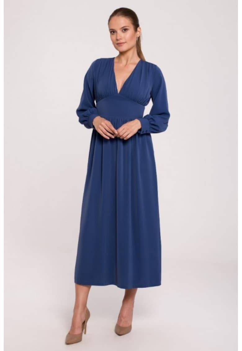 Rochie maxi cambrata in talie cu decolteu in V - - Albastru