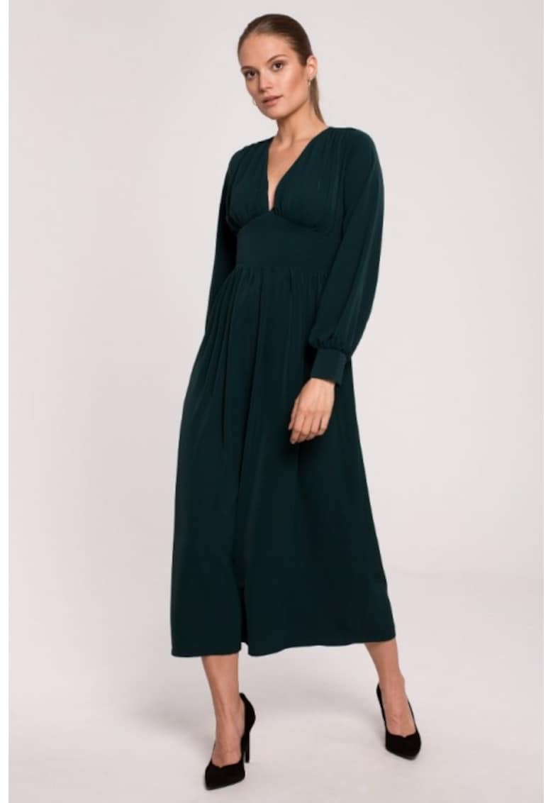 Rochie maxi cambrata in talie cu decolteu in V - - Verde