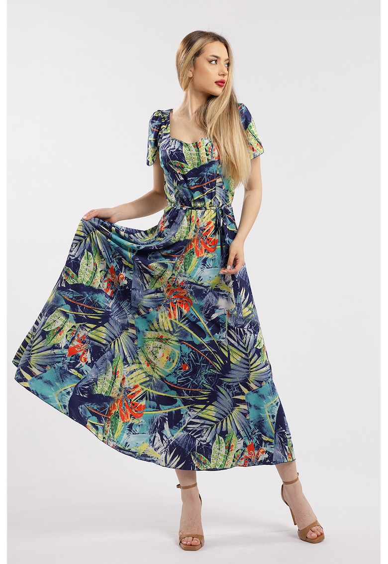 Rochie maxi cu croiala in A si model - Verde/Bleumarin