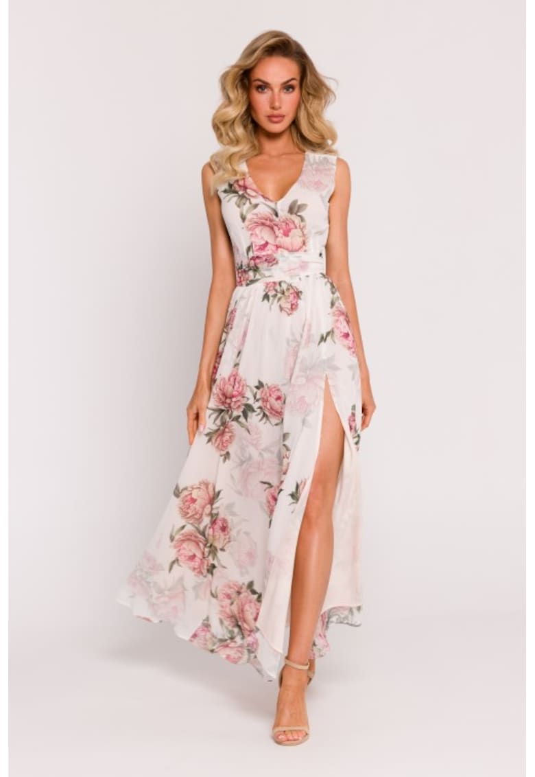 Rochie maxi din sifon cu deschidere inalta - Alb