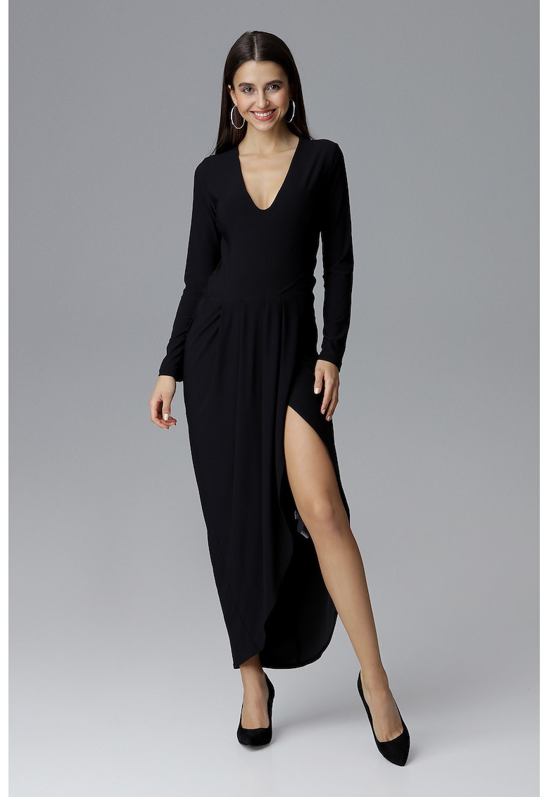 Rochie maxi eleganta neagra - decolteu in V - maneci lungi - poliester -