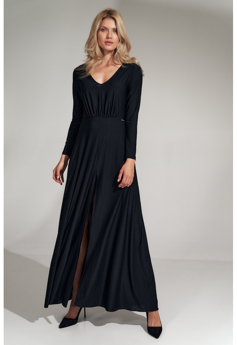 Rochie maxi neagra - eleganta - cu fanta - din poliester si elastan
