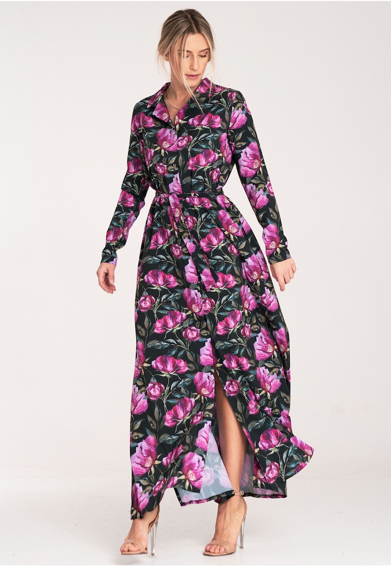 Rochie maxi - negru floral - cu nasturi - poliester