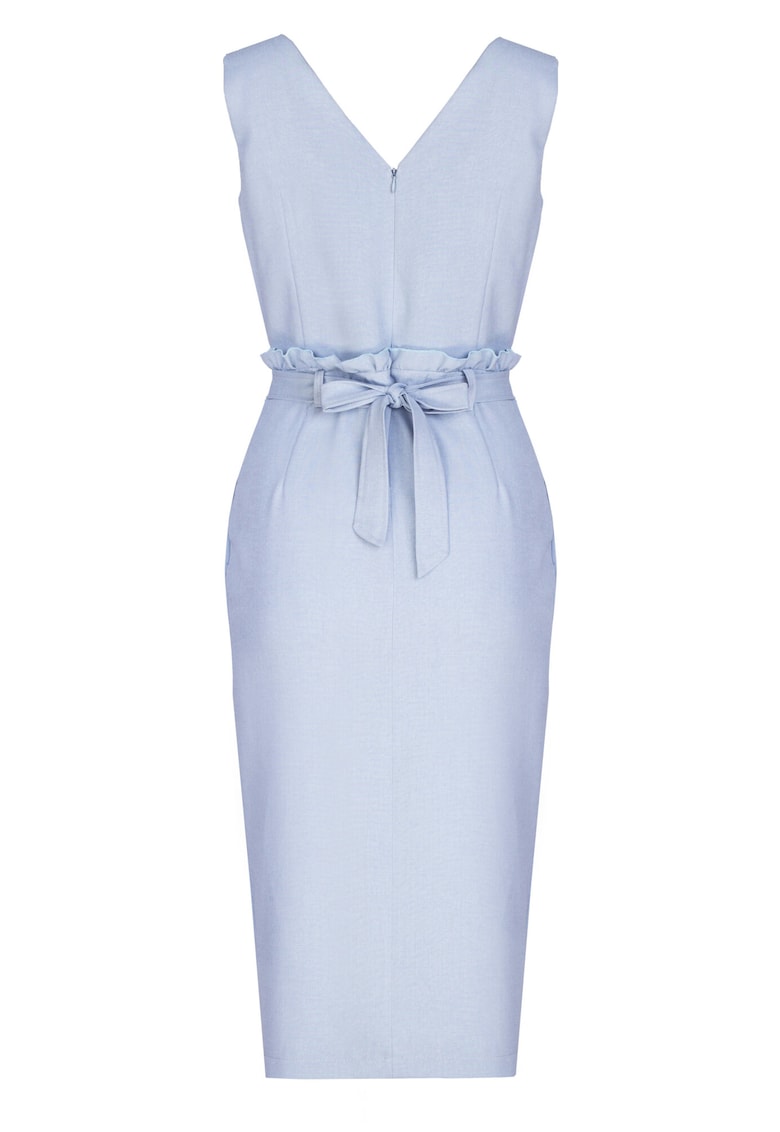 Rochie midi albastra - cu curea - decolteu in V - din poliester -