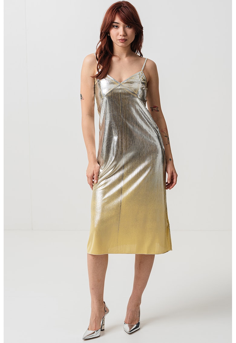 Rochie midi cu apsect satinat Brighton - Verde masliniu/Argintiu