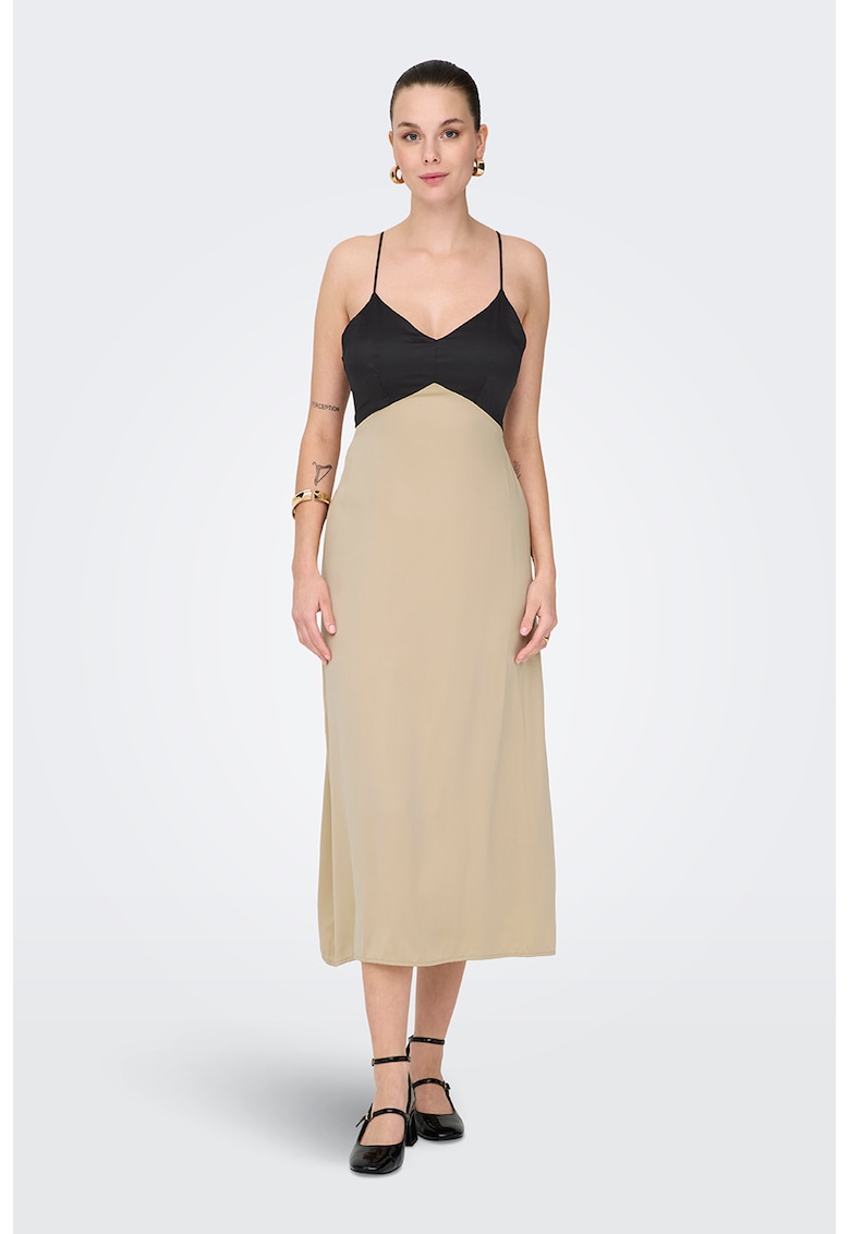 Rochie midi cu croiala dreapta si bretele inguste - Negru/Bej