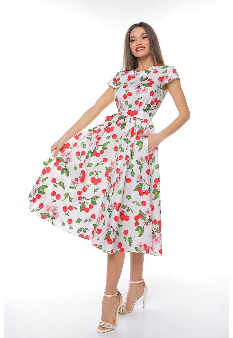 Rochie midi cu croiala evazata si maneci scurte - Rosu/Alb/Verde